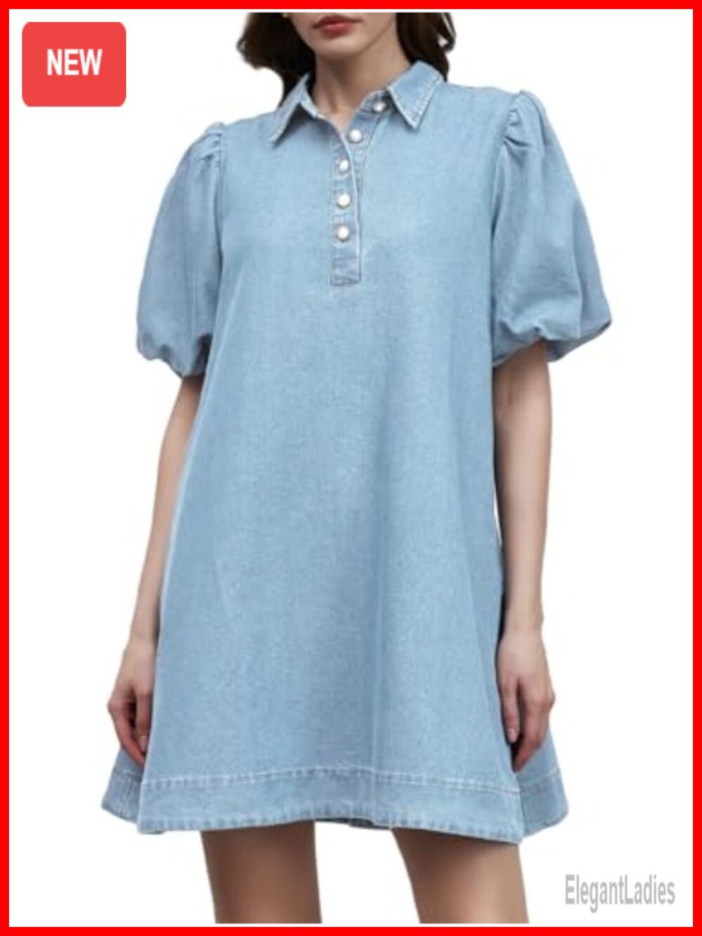 Womens Denim Babydoll Mini Dress Puff Sleeve Button Down Jean Dress